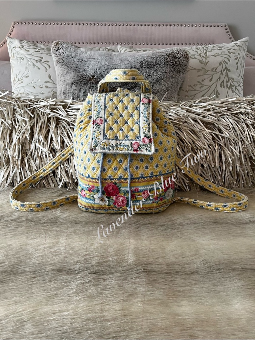 Vintage VERA BRADLEY Elizabeth 1997 Flap Drawstring Backpack Yellow Blue Indiana